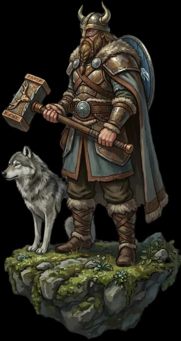 Valheim viking warrior with wolf companion